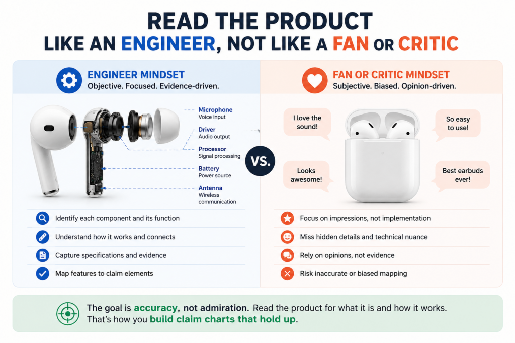 When mapping claims to a product, your job is not to praise the product or attack it. Your job is to understand how it works. That means you need to read product material with an engineer’s eye.