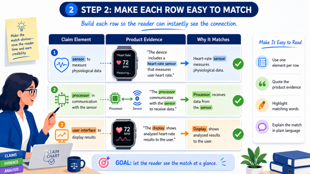 The best claim chart rows are easy to follow. They do not make the reader hunt for the point. They show the claim language, the product evidence, and the explanation in a clean path.