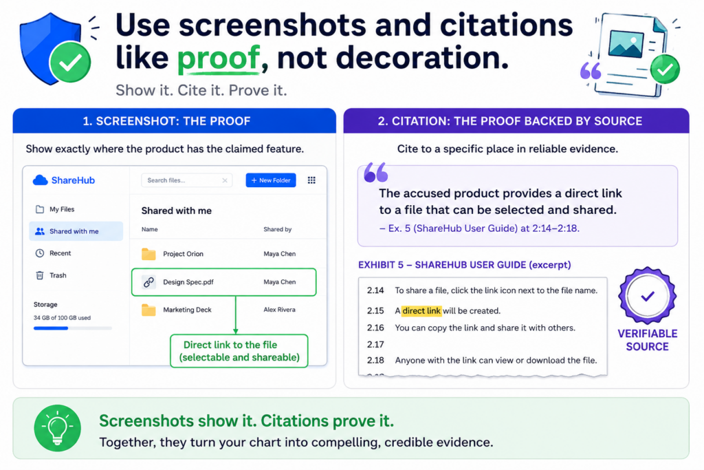 Screenshots can make a claim chart much easier to understand. But screenshots are not decoration. They should prove something specific.