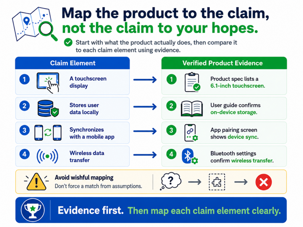 This may be the most important rule in the whole process. You do not bend the claim to fit the product. You do not bend the product to fit the claim. You place them side by side and let the facts decide.