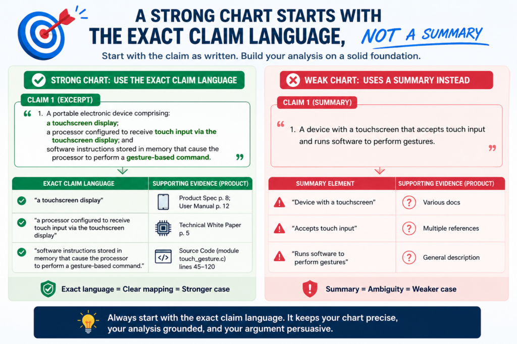 The first column of the chart should use the real claim language. Do not rewrite the claim in your own words and treat that as the claim. A summary can help you think, but the chart itself should stay close to the actual words.