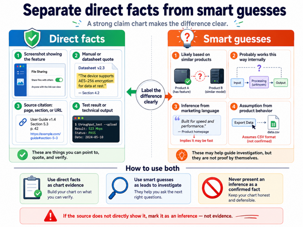 A good claim chart does not treat every statement the same. Some things are shown directly by the product.