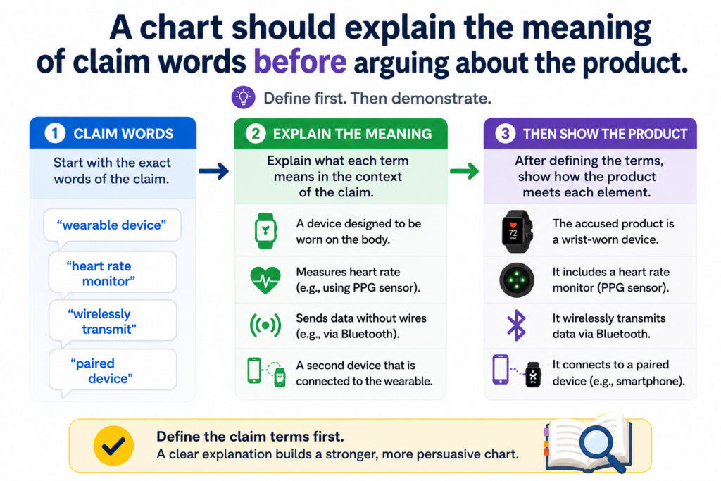 Sometimes the hardest part of a claim chart is not the product. It is the claim language itself. Patent claims often use words that sound simple but have a special meaning in context.