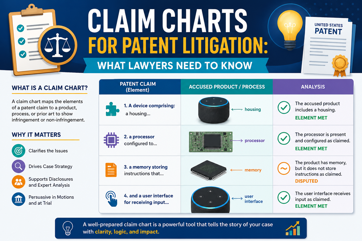 Learn how claim charts help in patent litigation by mapping claims to products, showing infringement, and making complex patent issues easier to prove.