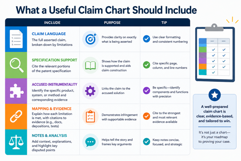 A useful claim chart should do three things at once. It should preserve the exact claim language. It should identify the accused feature or action. It should connect the two with proof and clear reasoning.