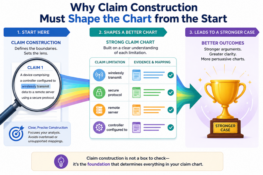 Claim construction is the process of deciding what key claim words mean in the case. It can change the value of a claim chart in a big way.