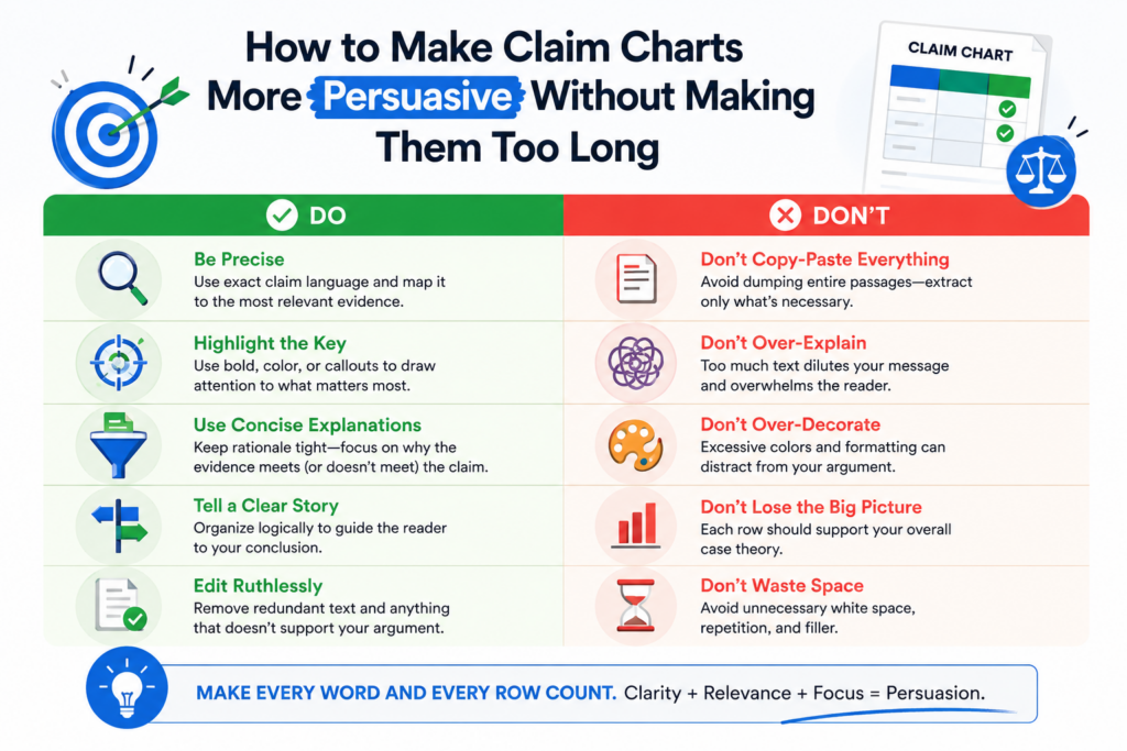 A persuasive claim chart is not always a long claim chart. In fact, a chart that is too long can be less useful. The reader gets tired. The key proof gets buried. The theory becomes hard to see.