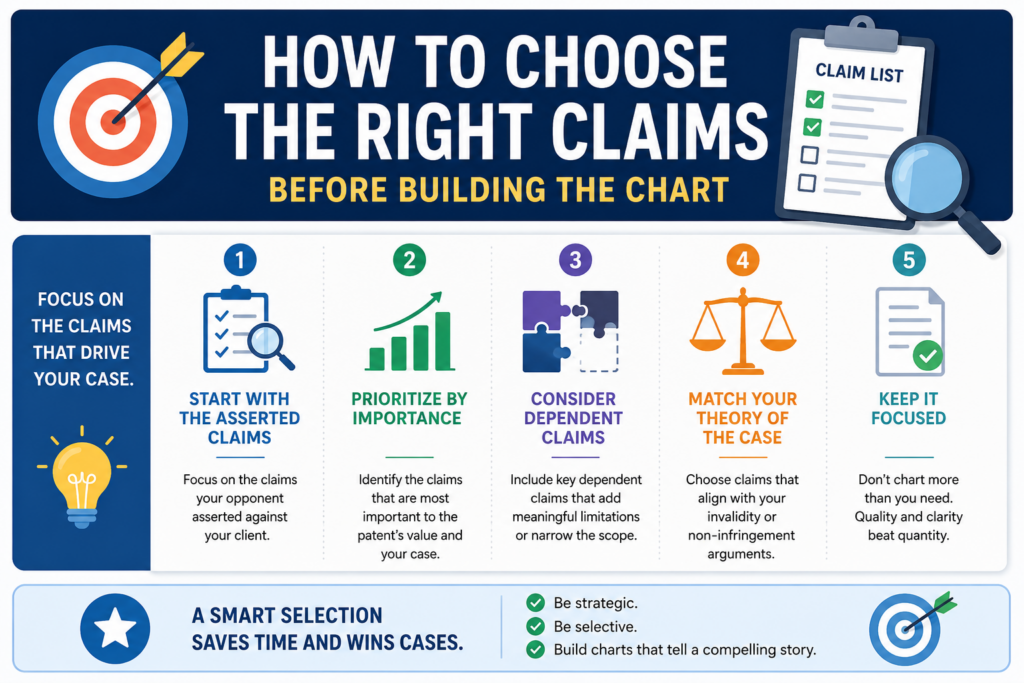 A claim chart is only as strong as the claim behind it. If the team charts the wrong claim, even a clean chart can waste time. The first job is not to chart everything. The first job is to choose the claims that give the case the best path.