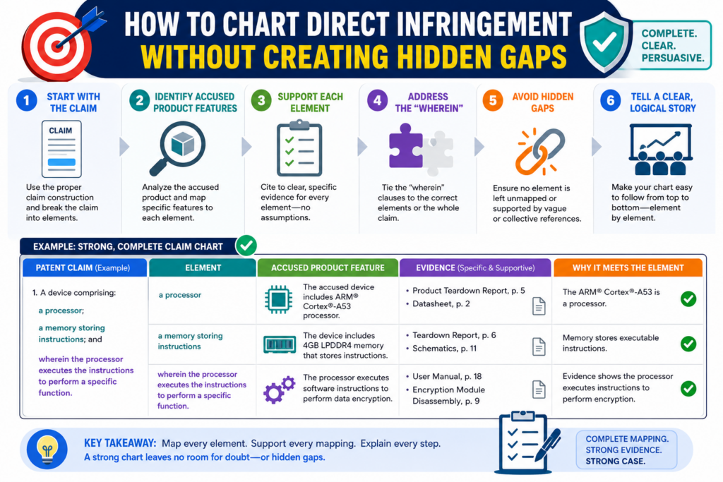Direct infringement is often the first theory lawyers test. In simple terms, the lawyer must show that one party makes, uses, sells, offers, imports, or performs what the claim requires.