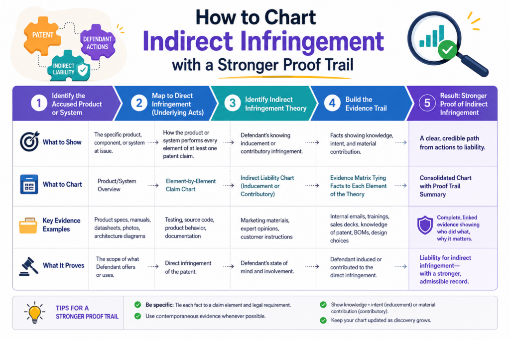 Indirect infringement often depends on more than product matching. The chart may need to show that the accused party encouraged, helped, or caused another party to infringe.