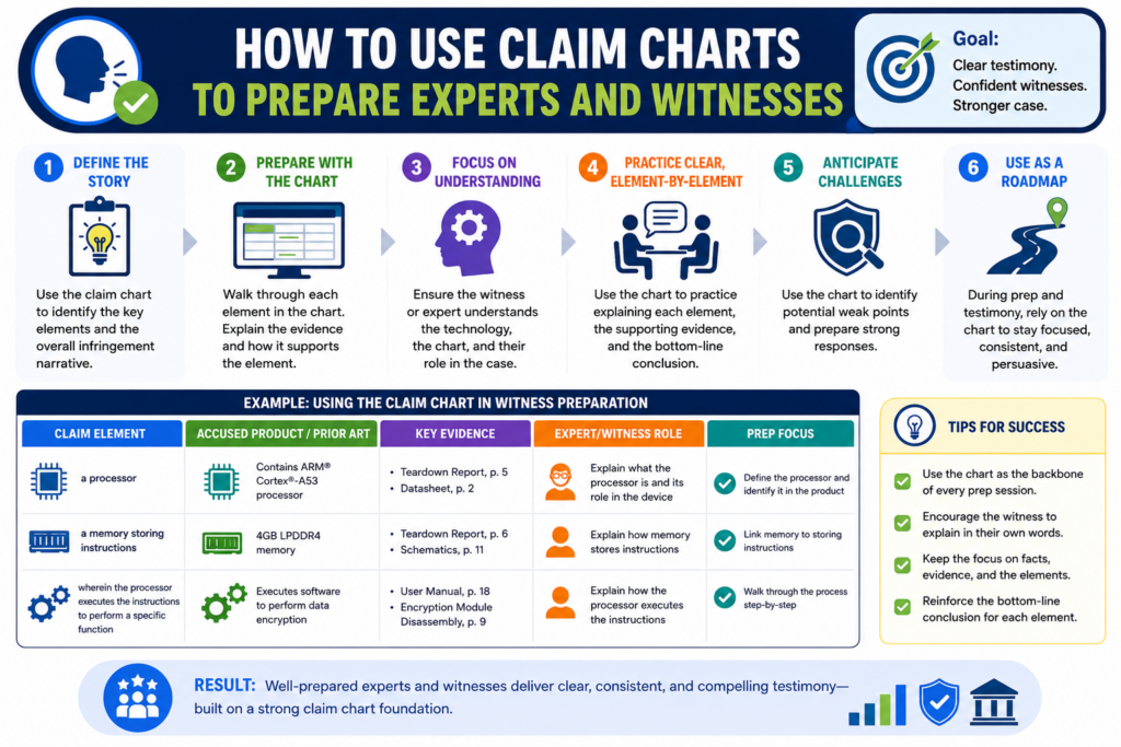 Claim charts are powerful tools for expert work. They help the expert see the claim theory, review the proof, test the facts, and prepare opinions.