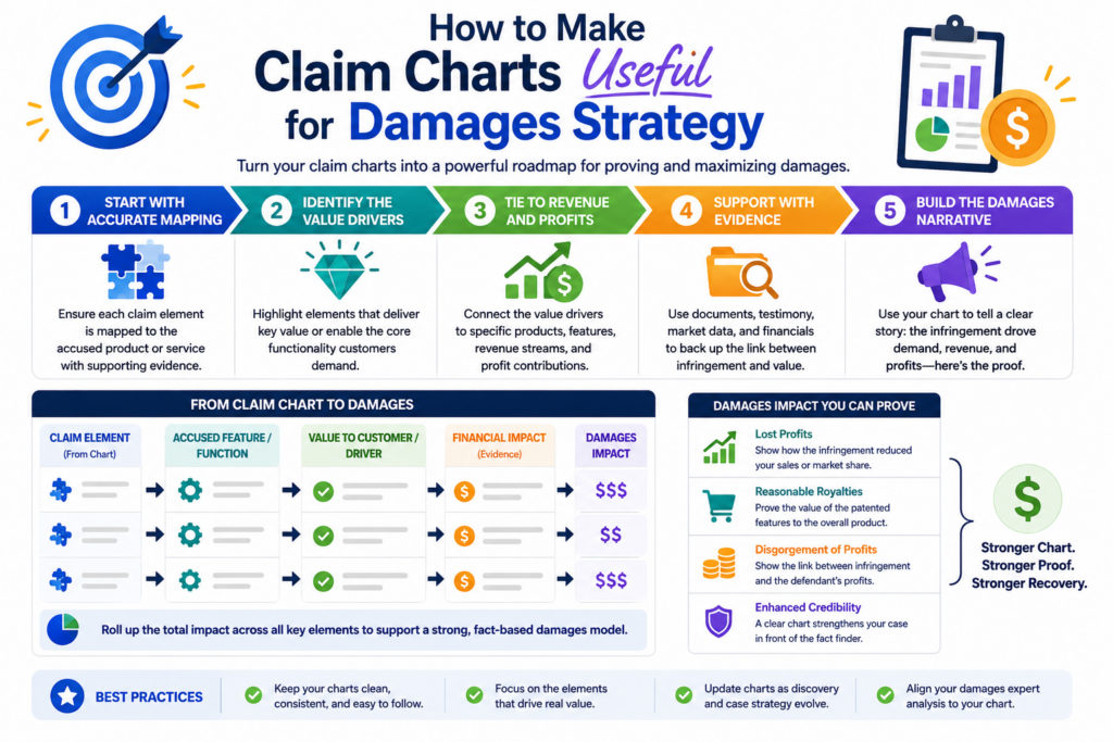 In patent litigation, proving infringement is not the whole job. The team also needs to think about value. A claim chart can help with that if it is built with damages in mind from the start.