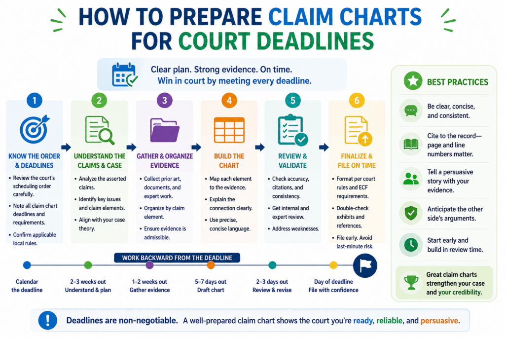 Many patent cases have early rules for infringement contentions. These rules often require detailed claim charts that identify asserted claims, accused products, and the proof showing how each claim element is met. Waiting until the deadline is close is a mistake.