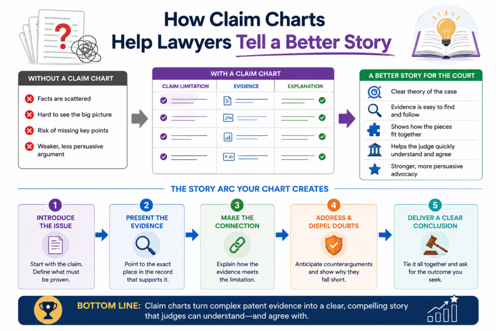 A patent case is not won by a chart alone. But a strong chart can become the backbone of the story. It shows what the invention is, what the accused product does, and why the match matters.