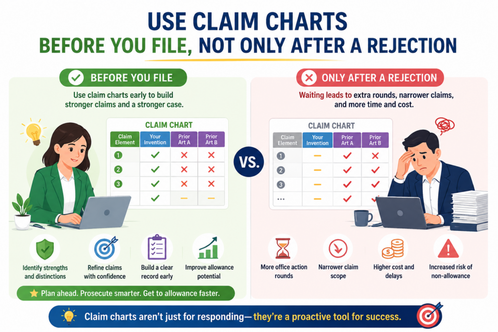 Most people think of claim charts after the patent office says no. That is common, but it is not the only use.