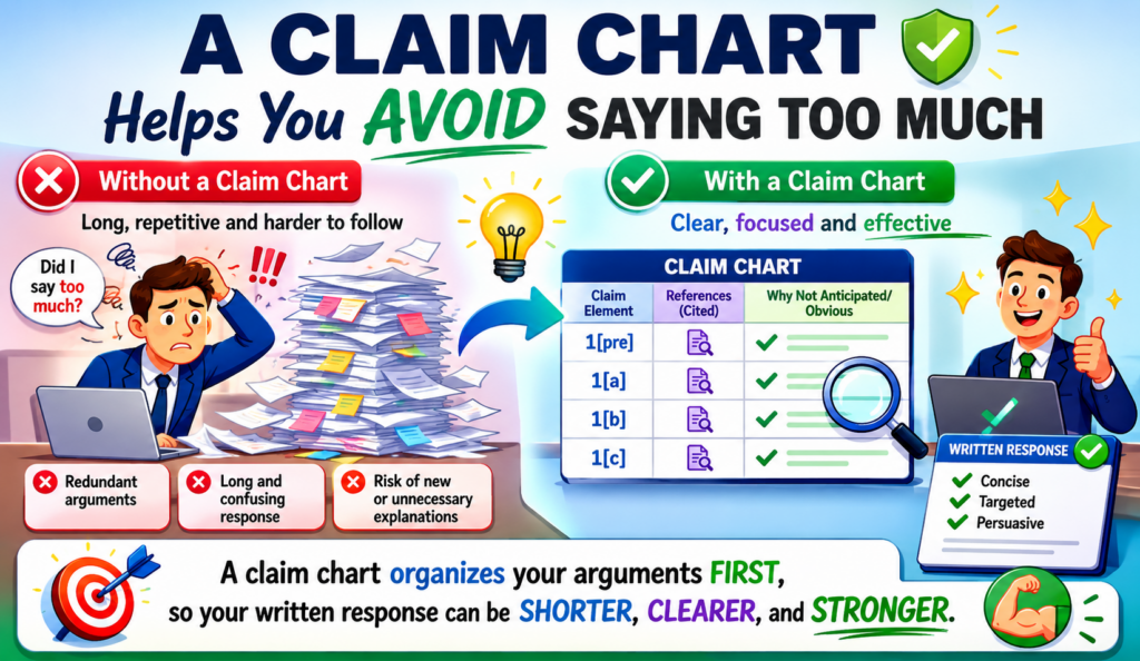 A patent response should be clear, but it should not say more than needed. Extra words can create extra risk.