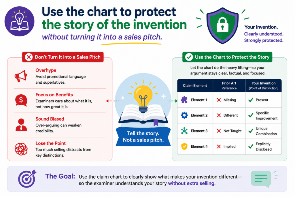 A patent application is not a pitch deck. But it still needs a clear story. The examiner should be able to understand what the invention does, why the claim is different, and where the old references fall short.