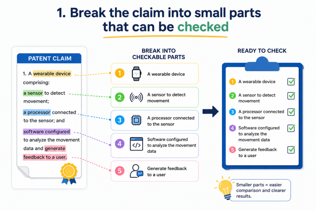 Once you understand the claim, the next step is to break it apart. This is often called breaking the claim into elements. 