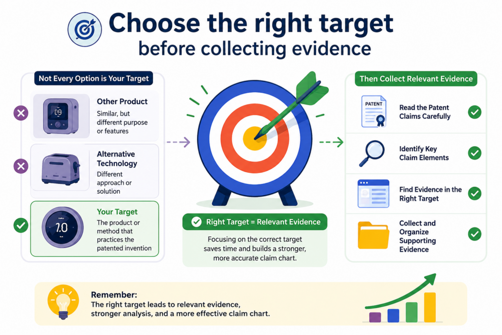 Before you start adding proof, decide what you are charting against. This is the target. The target may be your own product, a competitor product, a research paper, a public demo, a standard, an app, a device, a system, or an old patent.