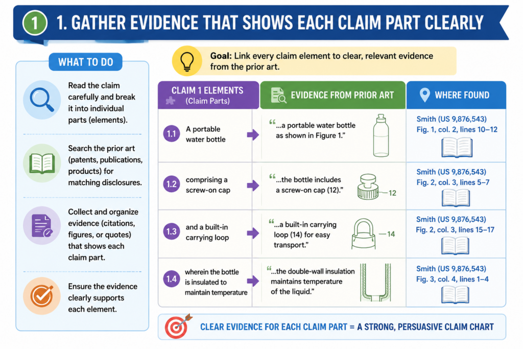 Now comes the part most people think of first: collecting evidence. But notice that it comes after reading the claim, breaking it down, setting up the table, and choosing the target. That order matters.