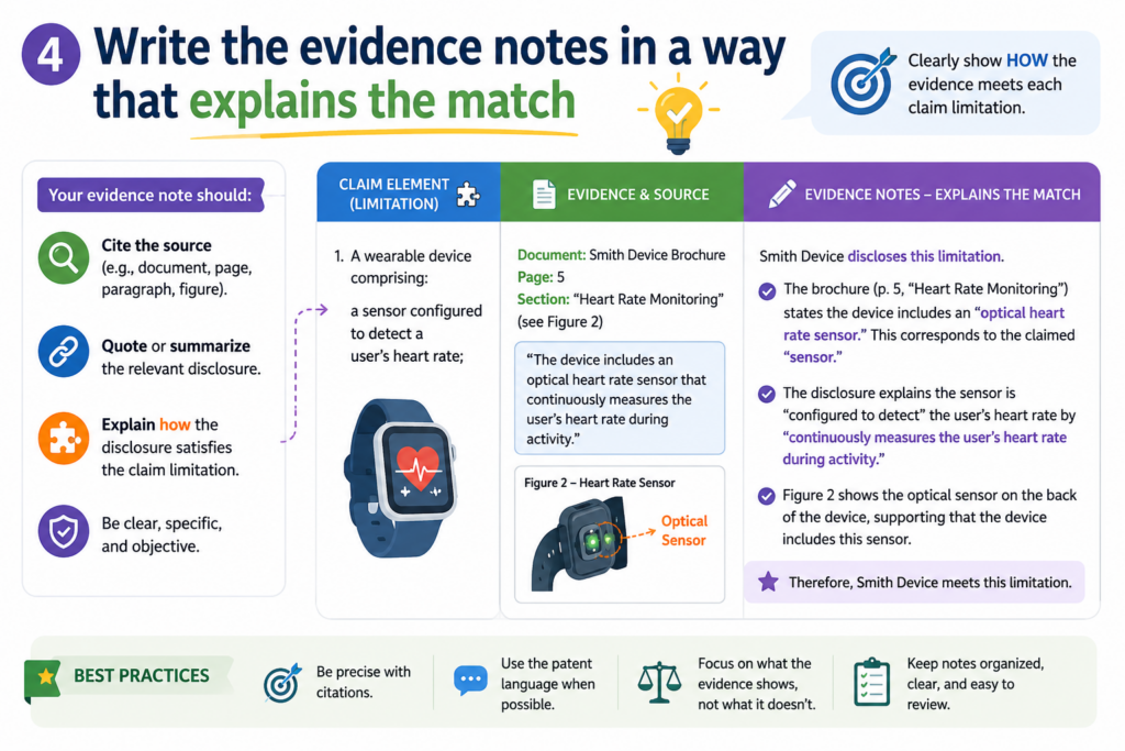Finding evidence is not enough. You also need to explain why it matches the claim part. This is where the chart becomes useful. The explanation does not need to be long, but it does need to be clear.