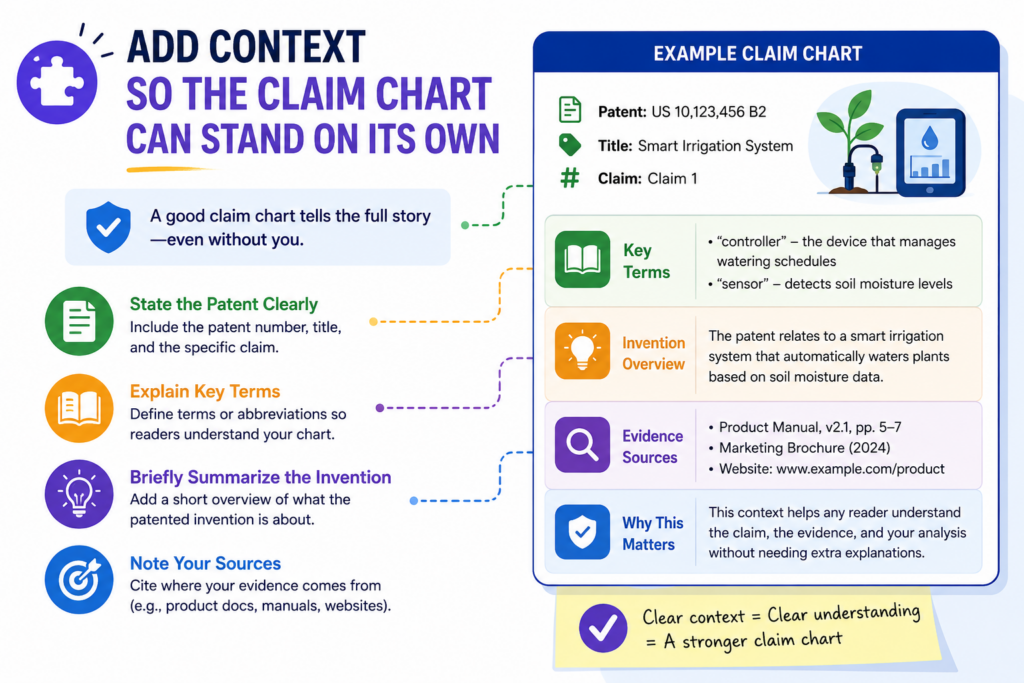 A claim chart should not need a long meeting to make sense. A person should be able to open it later and understand what was compared, what proof was used, and what the chart is trying to show.
