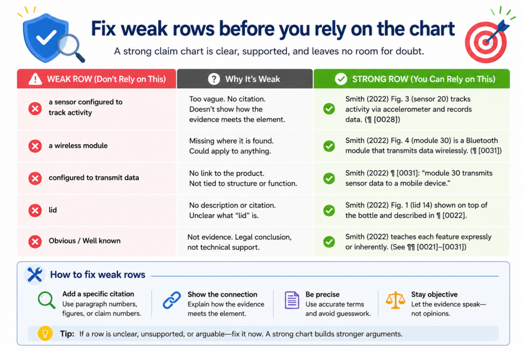Every claim chart has weak rows at first. That is normal. The mistake is not having weak rows. The mistake is ignoring them.