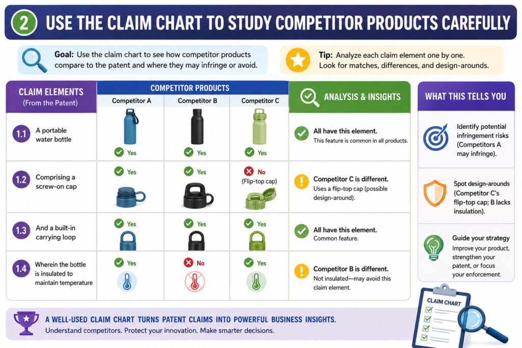 A claim chart can also help you look at competitor products in a calm and structured way. This does not mean jumping to legal conclusions.