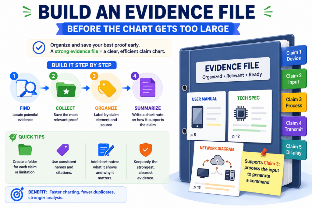 As your claim chart grows, the table can become hard to manage. This is normal. A detailed chart may include many claim parts, many sources, many screenshots, and many notes.