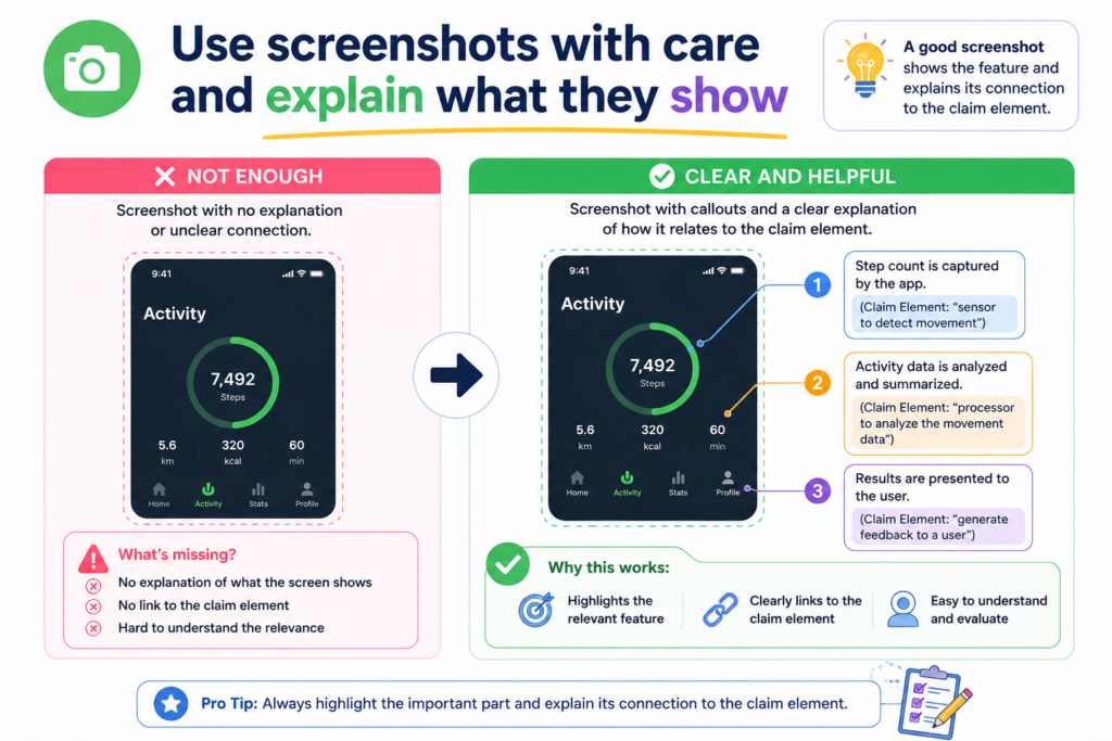 Screenshots can be very helpful in a claim chart. They can show a screen, a setting, a result, a warning, a workflow, or a product feature in a way that words alone cannot. But screenshots can also be weak if they are used without context.
