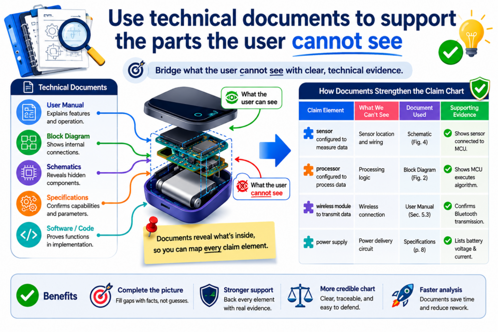 Screenshots are useful, but many important claim parts happen behind the screen. This is especially true for software, AI, hardware systems, data tools, cloud platforms, robotics, and medical devices.