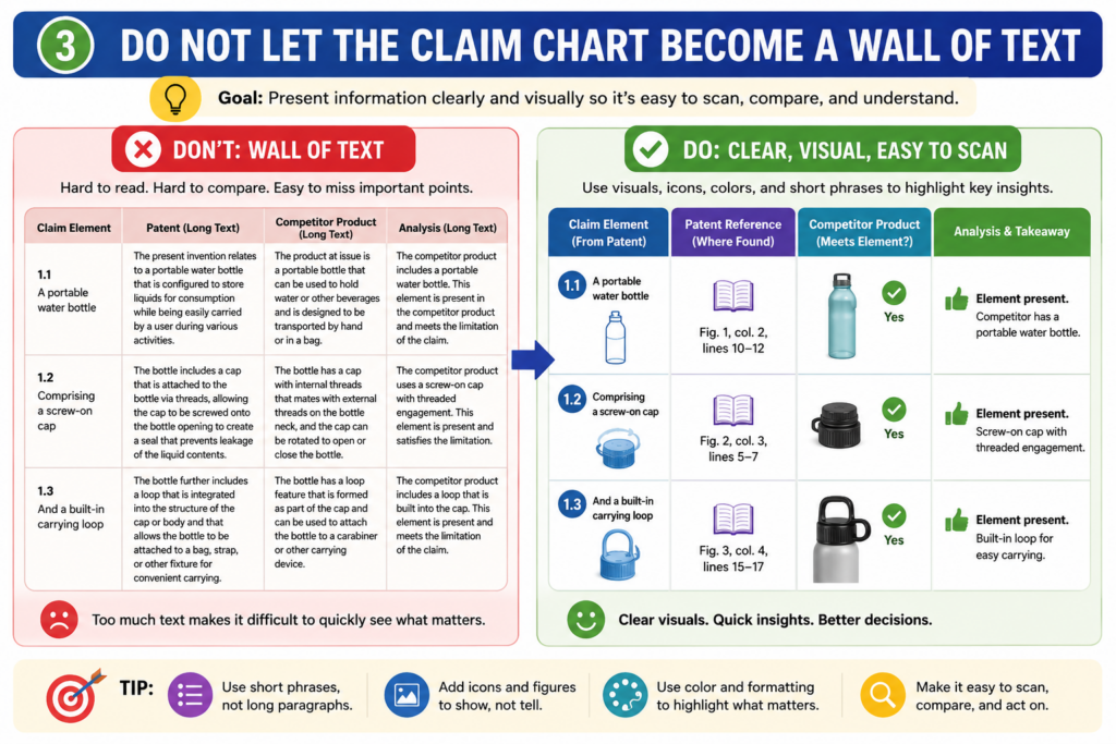 A claim chart should be detailed, but it should not be painful to read. There is a difference between being complete and being crowded.