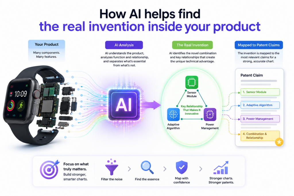 It can scan product notes, feature docs, system flows, tickets, diagrams, and draft claims. It can then help find matches between what the product does and what the patent may need to cover.