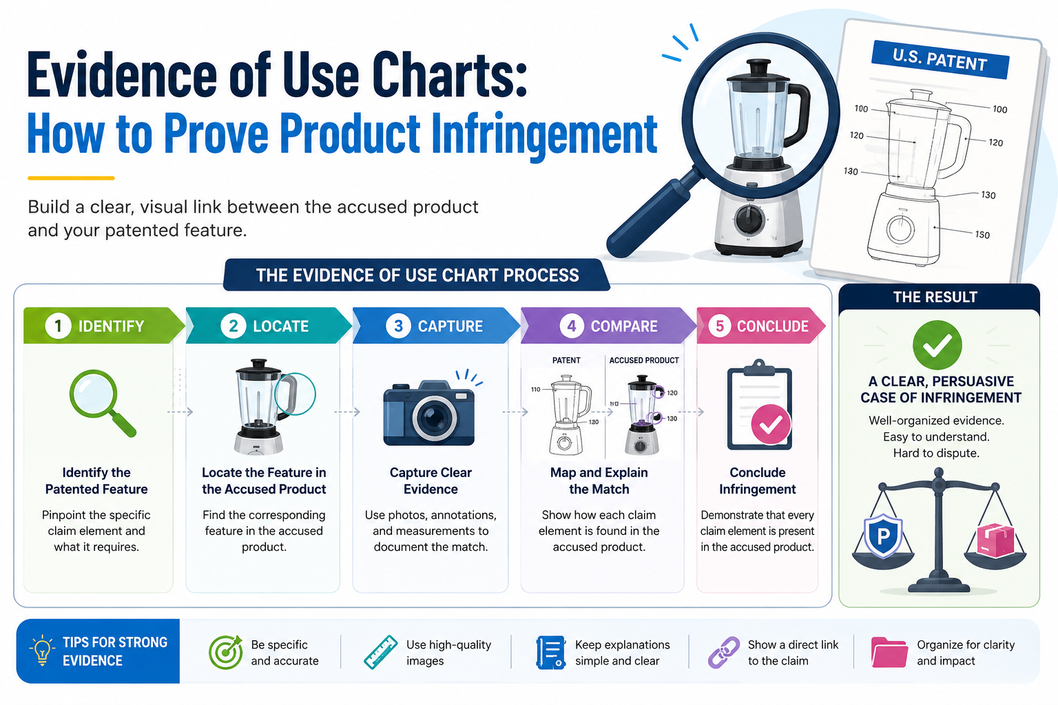 Learn how evidence of use charts connect product features to patent claims, helping build stronger infringement and licensing cases.