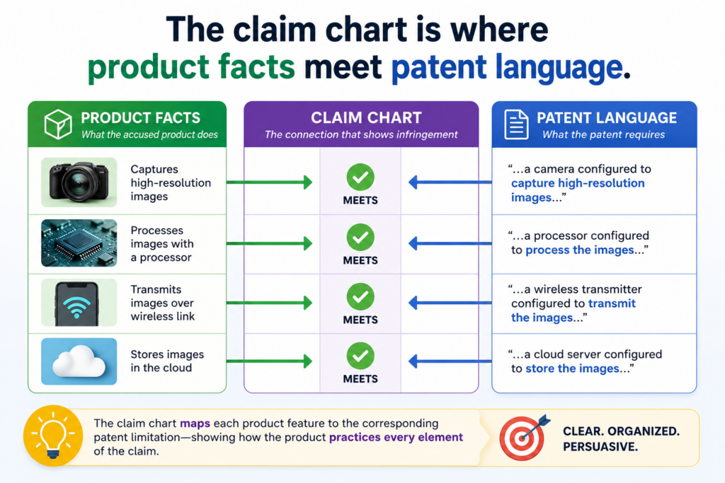 The phrase may sound dry, but the idea is simple. On one side, you have the claim language. On the other side, you have evidence from the product. Between those two sides, you add a short explanation that connects them.