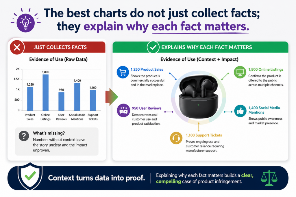 An evidence of use chart is not a folder of screenshots. It is not a dump of links. It is not a long note that says, “Look, this product does the same thing.”