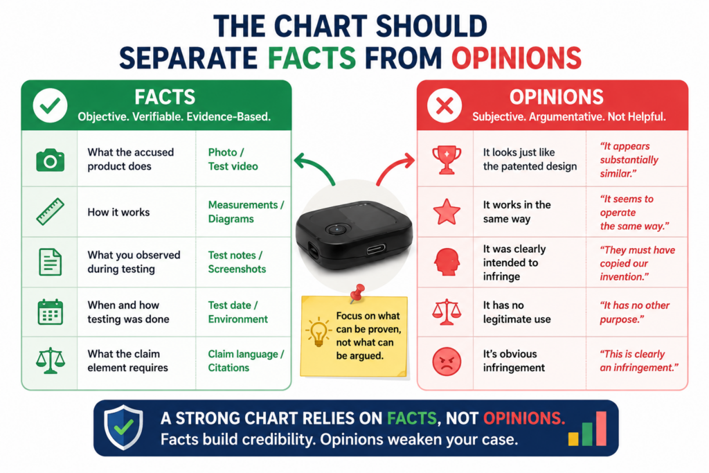 An evidence of use chart becomes weaker when it mixes facts, guesses, and opinions without making the difference clear.