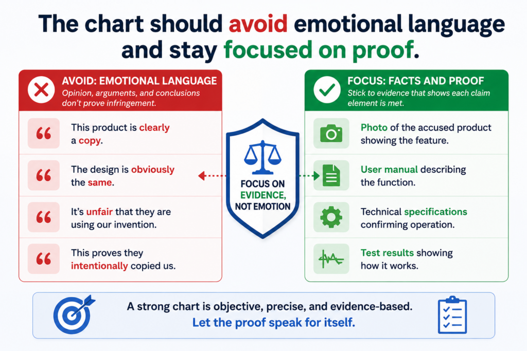 It is tempting to write with anger when you believe someone copied your invention. Words like “stole,” “ripped off,” or “blatantly copied” may feel true in the moment. But they usually do not help the chart.
