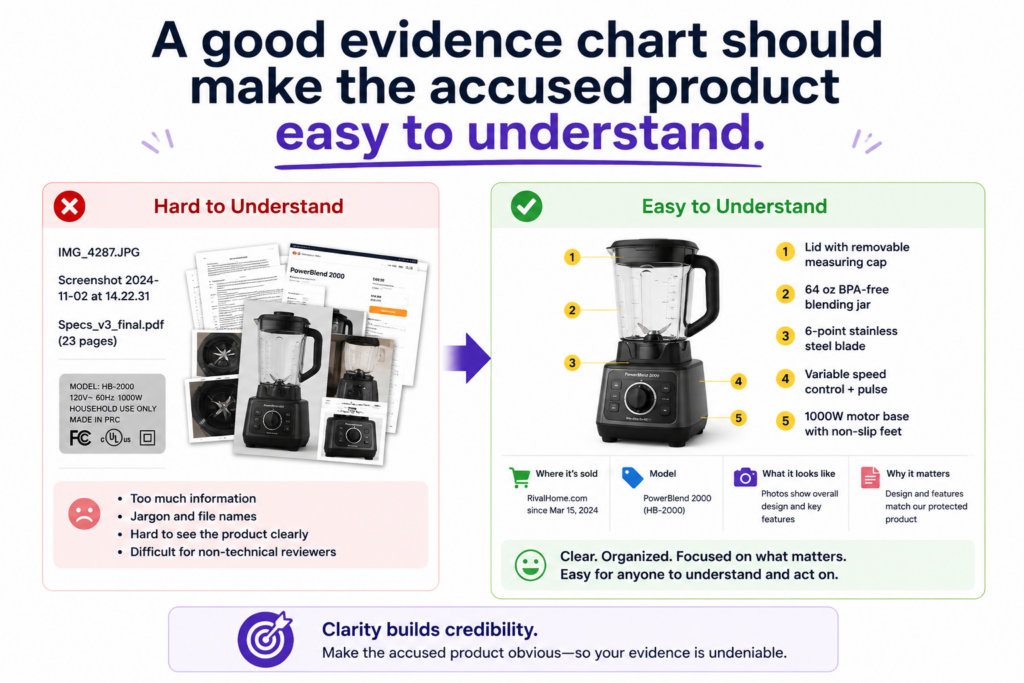Before a reader can judge whether a product matches a patent claim, they need to understand what the product is and how it works at a basic level. This is often missed.