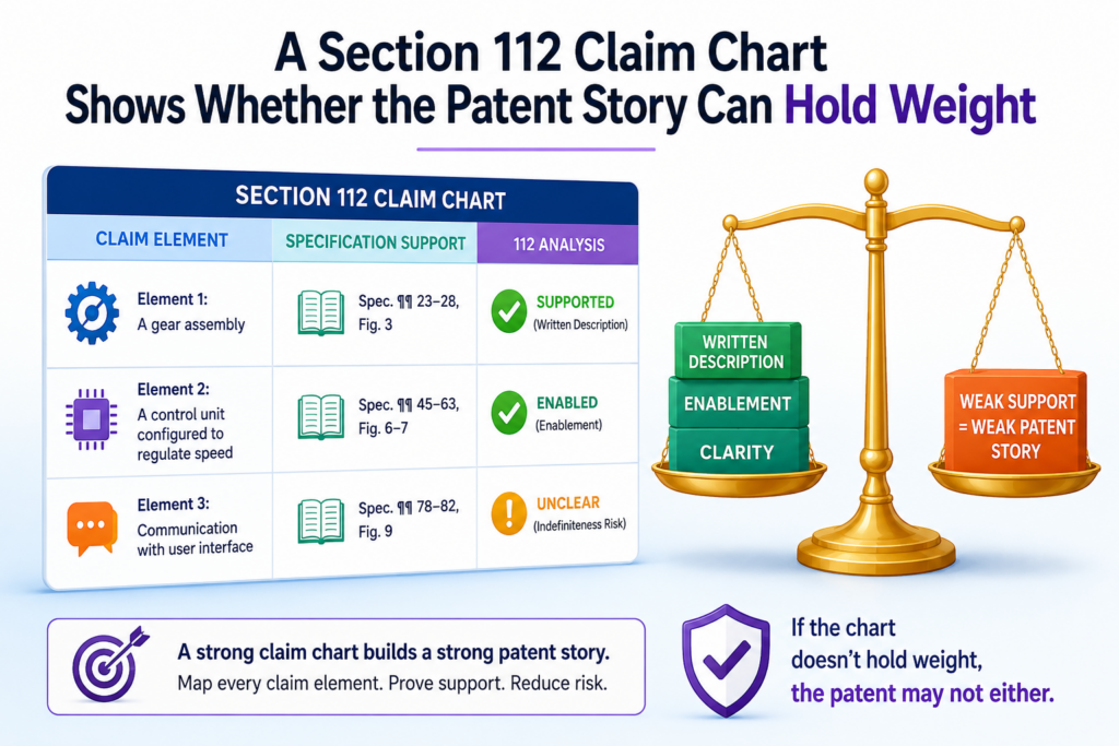 A claim chart for Section 112 is not just a table. It is a stress test for the patent. It shows whether each part of a claim is backed by the patent draft, the drawings, the examples, the system flow, and the real work done by the team.