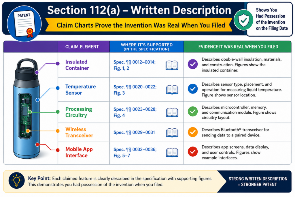 A written description claim chart answers a simple question: did the patent draft show that the inventor truly had the invention at the time of filing?