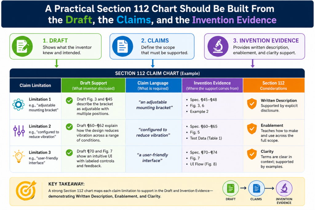 A claim chart is only as good as the material behind it. If the chart is built from a weak draft, it will show weak support. If it is built from real invention evidence, it can help make the patent much stronger.