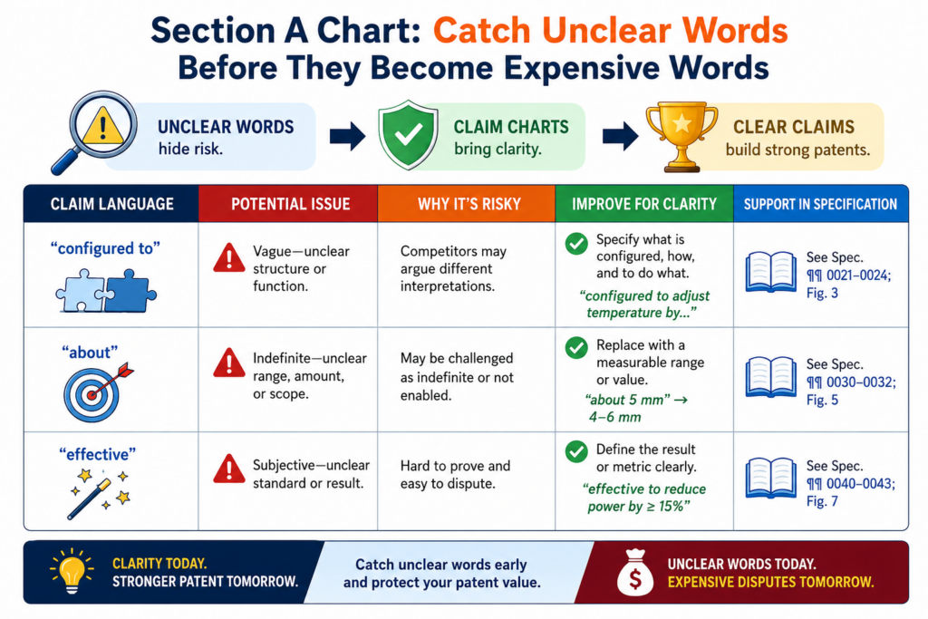 Unclear claim words are easy to miss because they often sound normal. Product teams use words like smart, fast, secure, automatic, dynamic, trusted, optimized, reliable, and high quality all the time.