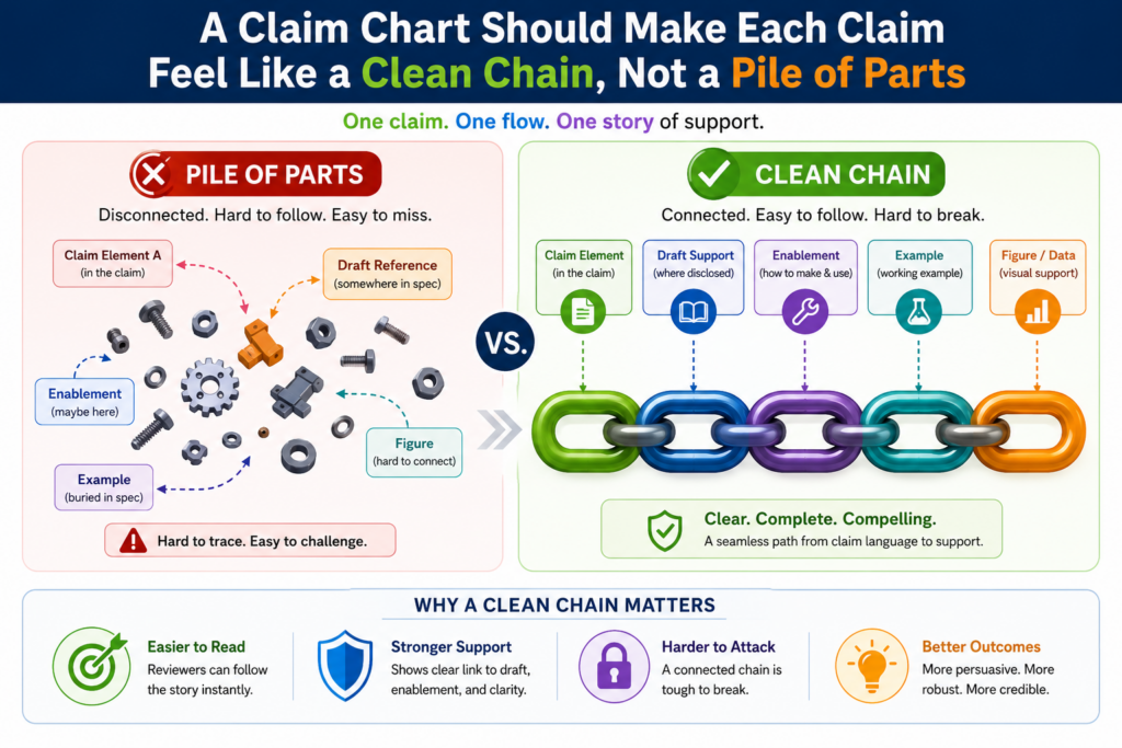 A patent claim should feel like a chain. Each part should connect to the next part. The system receives something, does something with it, produces something, and uses that result in a clear way.