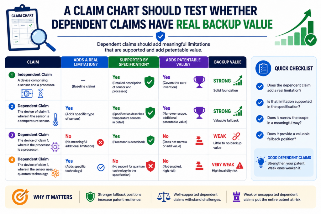 Dependent claims are not filler. They can be very useful when they are written with care. They can protect fallback versions, commercial features, narrow technical improvements, and specific ways the invention may be used.