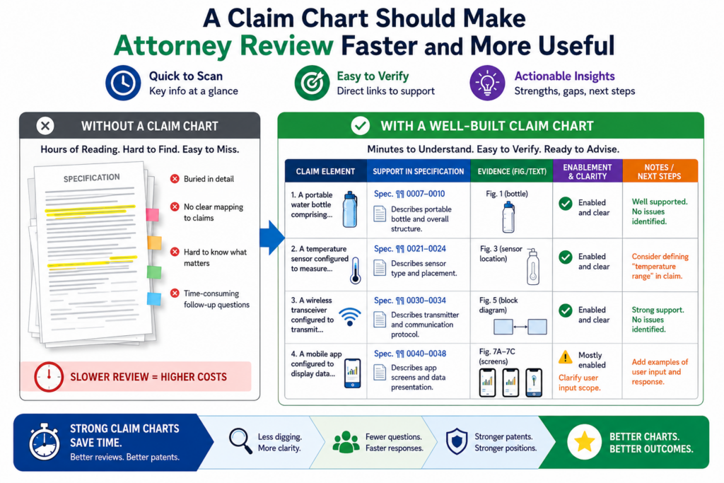 A patent attorney can add the most value when the invention record is clear. A messy record forces the attorney to guess, ask broad questions, or spend time sorting through scattered material. A Section 112 claim chart makes the review sharper.