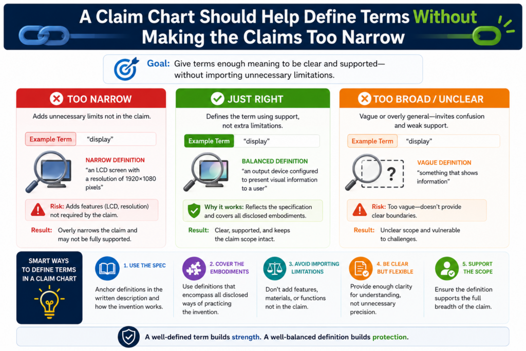 Clear terms help patents. But there is a balance. If a draft defines every term too tightly, the patent may become easier to design around.