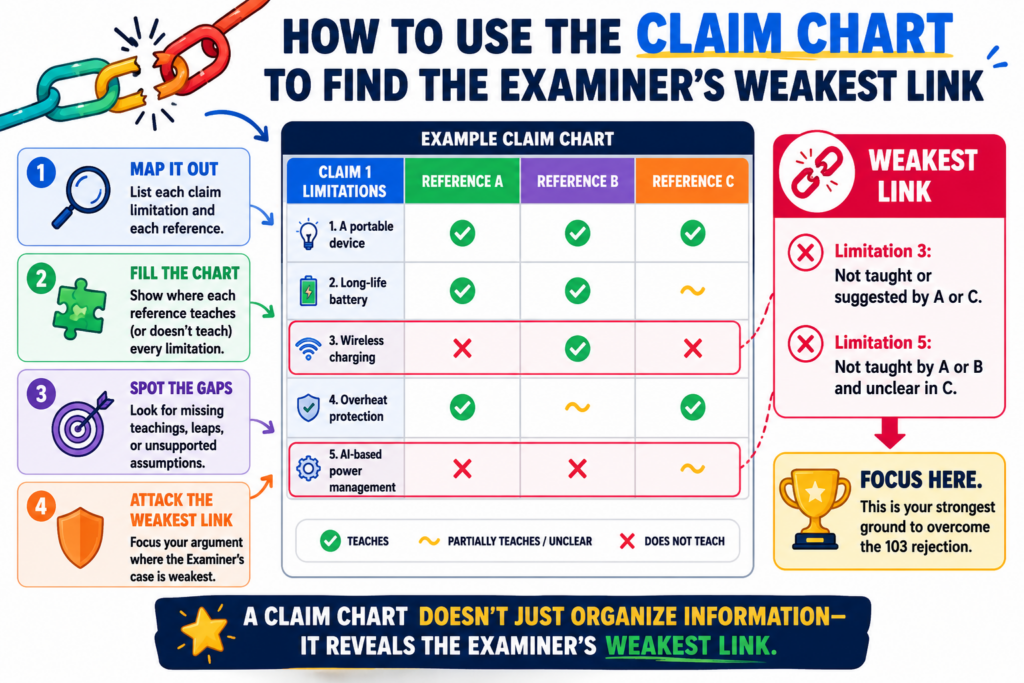 Once the claim chart is filled in, do not rush to write the response. Study the pattern first. A good chart will often show one row that matters more than the rest.