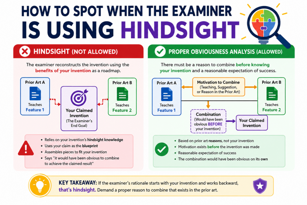 Hindsight is one of the biggest problems in a 103 rejection. It happens when the examiner starts with your invention, looks backward, and then picks pieces from older references to make your claim seem easy.