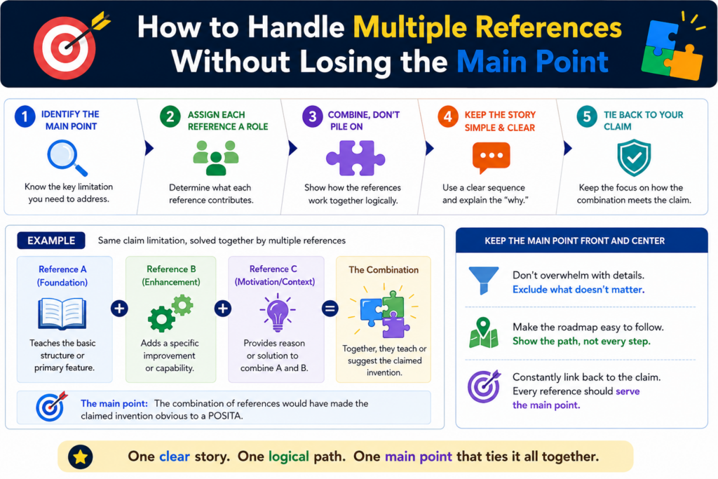 A 103 rejection often uses more than one old reference. This is normal. The examiner may use a first reference for the main system, a second reference for a missing feature, and sometimes a third reference for another detail.
